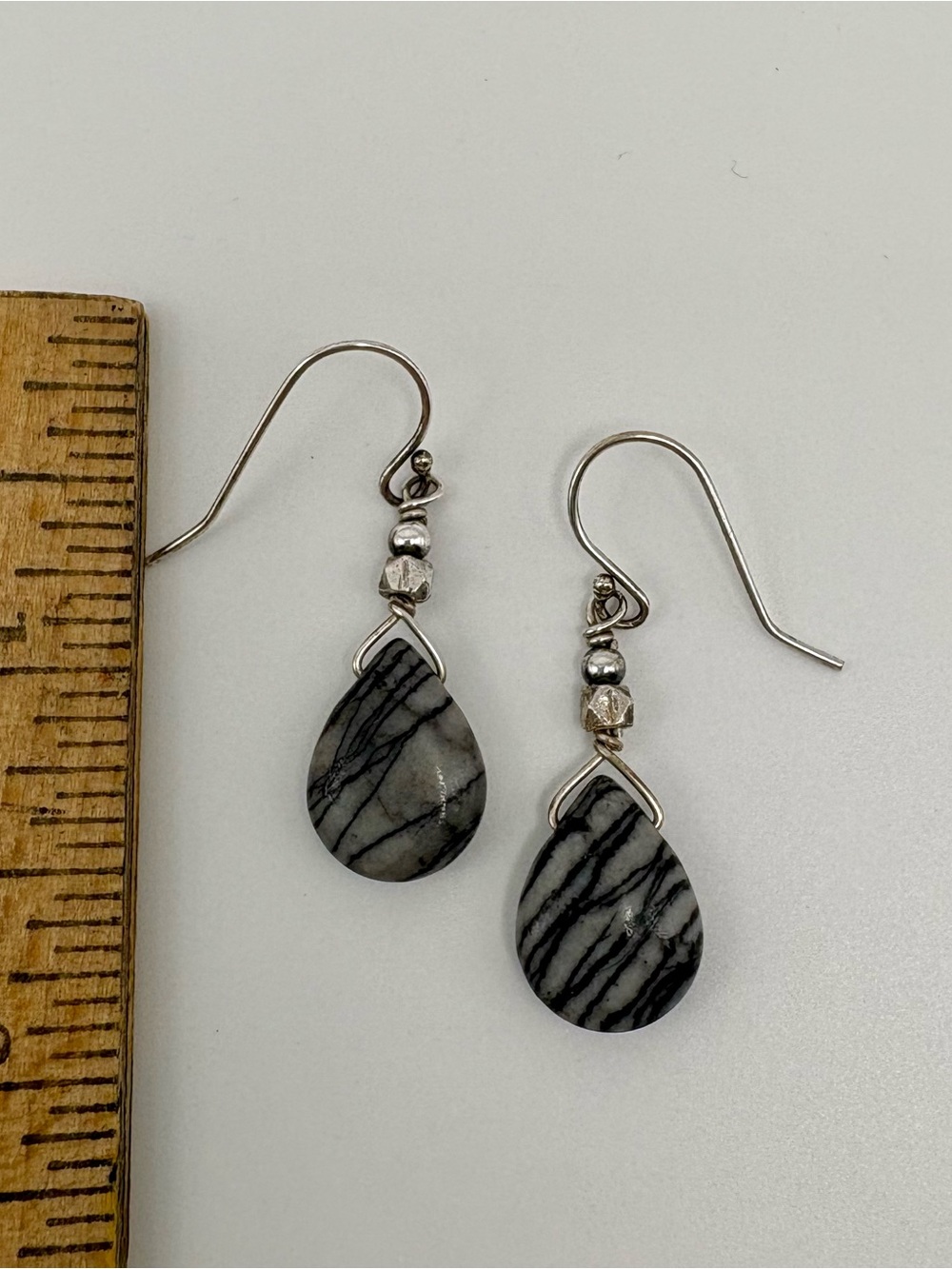 Sterling Silver Teardrop Zebra Jasper Dangle Earrings - Gray - Picture 2 of 3